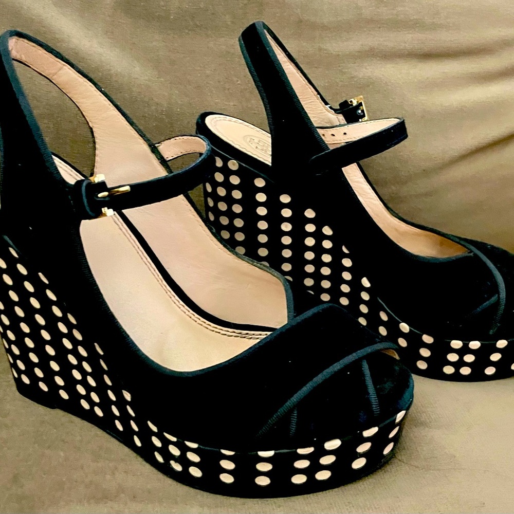 Gently used 6.5, black suede with beige polka dots. 5 inch wedge heel w/buckle.